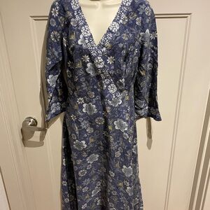 Anthropologie Blue Floral Midi Silk Dress